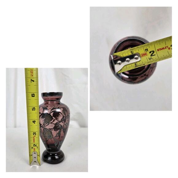 Vintage Amethyst Hand Blown Glass Vase Floral Silver Overlay 5.5" Purple Flowers - Picture 2 of 12